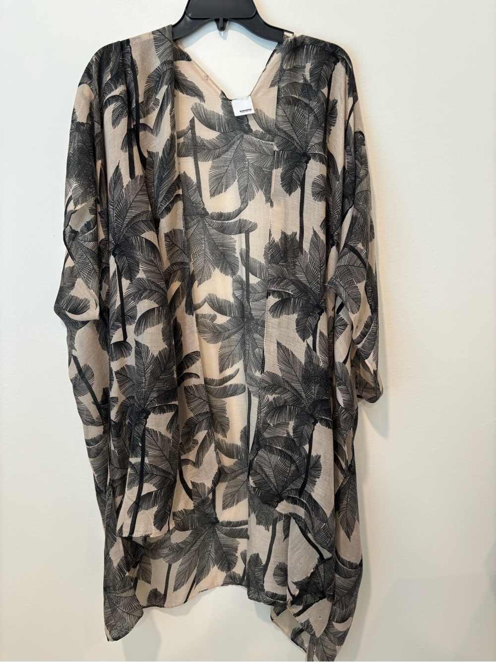 Lightweight Palm-Print Sheer kimono top Cover-Up - Black on Beige